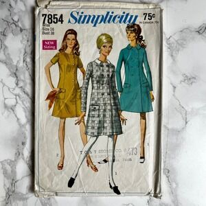 Vtg 1960's Simplicity 7854 Size 16 Mod Shirt Dress Midi Jacket Sewing Pattern